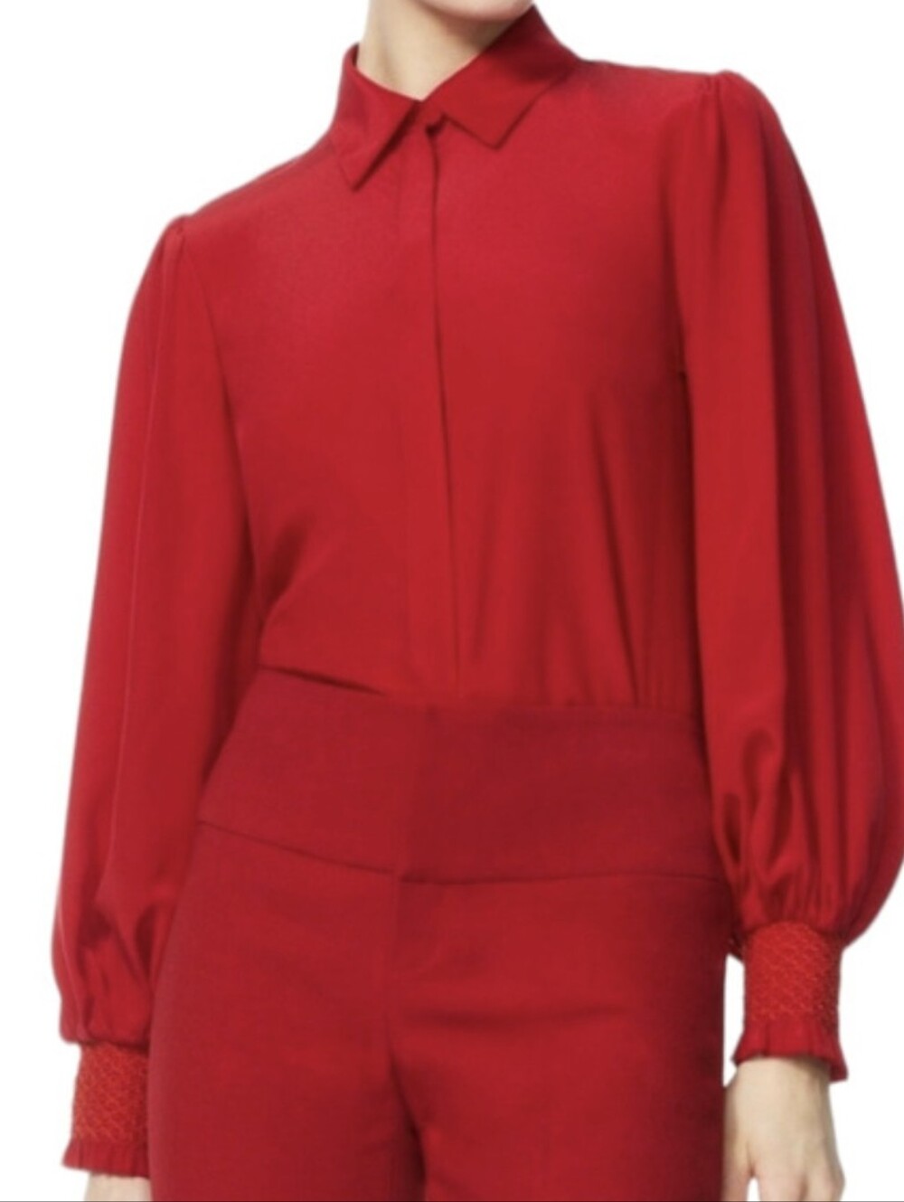 ALICE & OLIVIA Red Silk Willa Blouse L Smocked Cuff Bubble Sleeve Button Shirt
